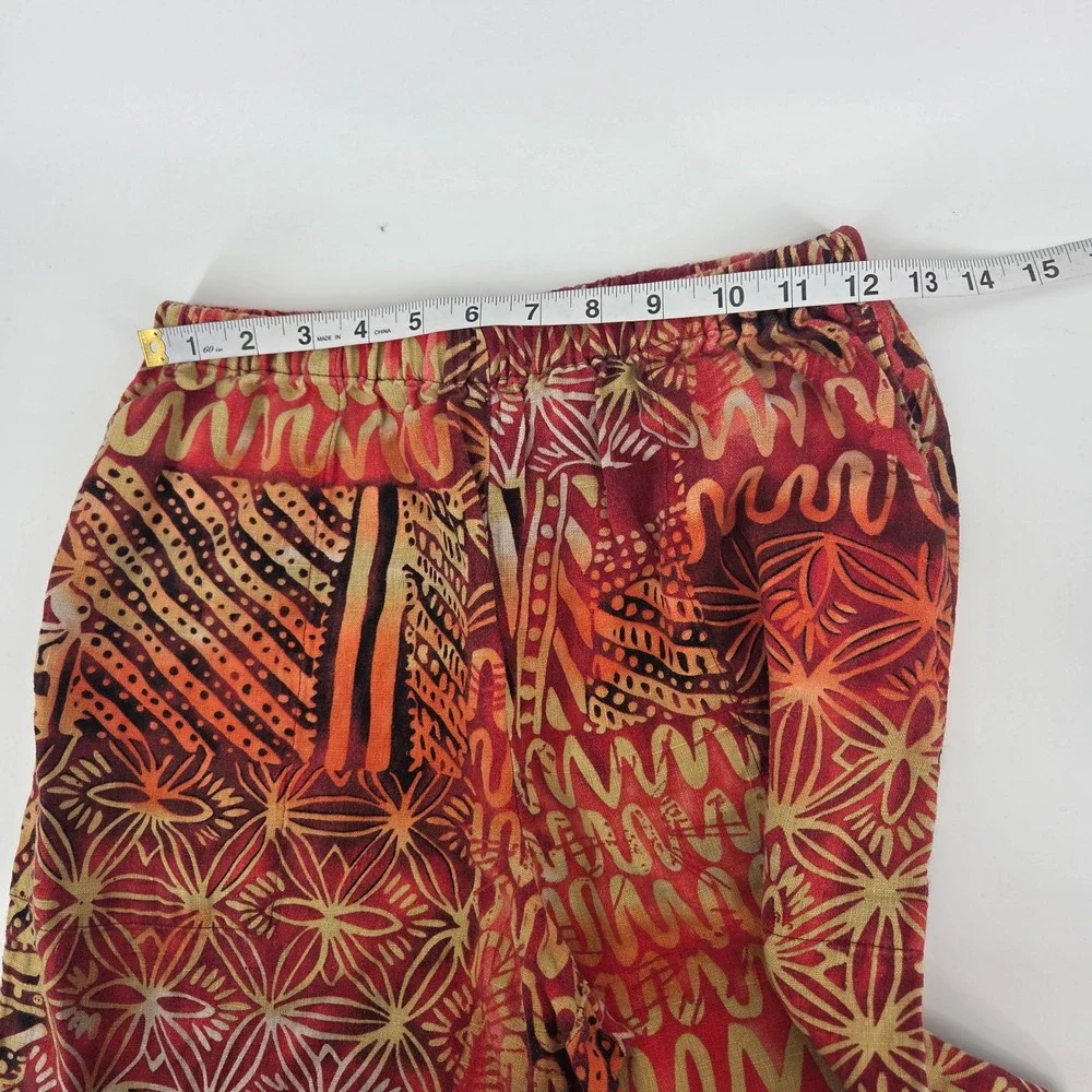 Vintage Chico's Linen Pants Size 1 Red Orange Abstract Boho Art Wide Leg